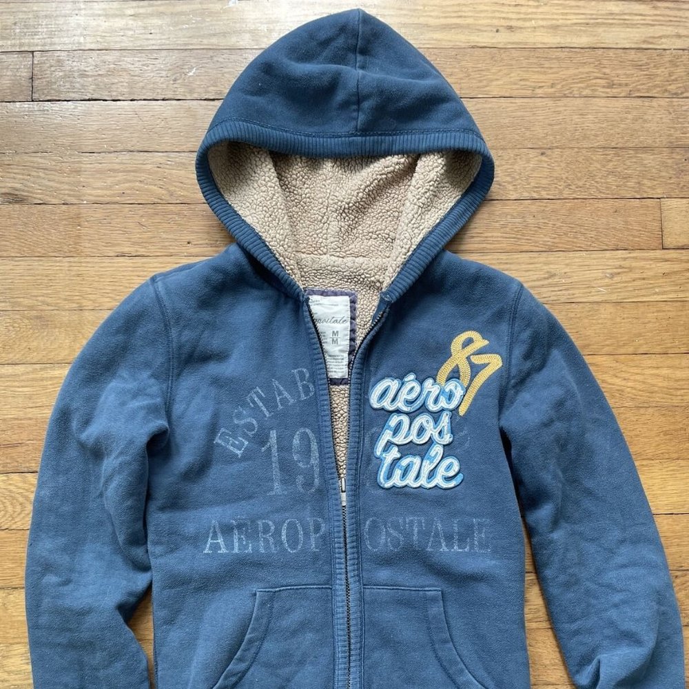 Aero Aeropostale dark blue zip up sherpa hoodie size medium women juniors